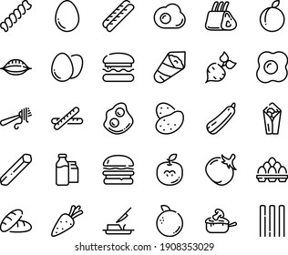 Food line icon set - burger, bread, burito, temaki, fork with pasta, omelette, baguette, julienne, butter knife, milk bootle and pack, ribs, egg, potato, carrot, beet, tomato, squash, plum, orange