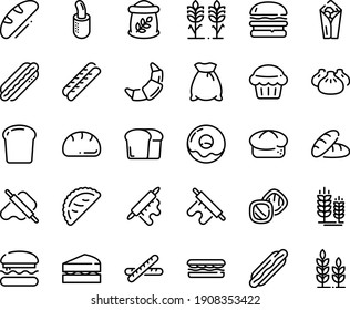 Food line icon set - burger, bread, hot dog, sandwich, burito, dim sum, dough and rolling pin, calsone, spike, donut, croissant, baguette, french, piece, flour bag, spikes, sanwich, muffin, cookies