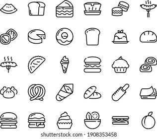 Food line icon set - burger, salad, cupcake, bread, watermelon piece, sandwich, french hot dog, ice cream, lunch box, dim sum, temaki, calsone, panna cotta, sausage on fork, pretzel, pate can, donut