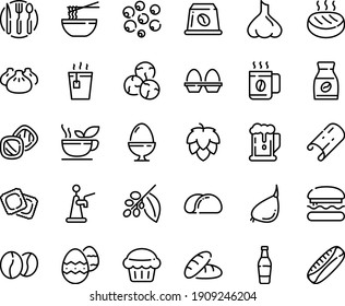 Food line icon set - burger, beer, bread, hot tea, dim sum, funchose, ravioli, coffee tree, instant, beans, capsule, cutlet, fork spoon knife plate, egg stand, easter, green, cup, muffin, tacos, hop