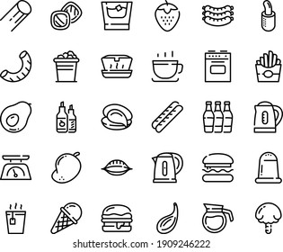 Food line icon set - burger, french fries, hot tea, lunch box, oyster, ice cream, coffee cup, sausages, ketchup, baguette, dog, kettle, stove, kitchen scales, pot, whiskey, bucket, cookies, mango