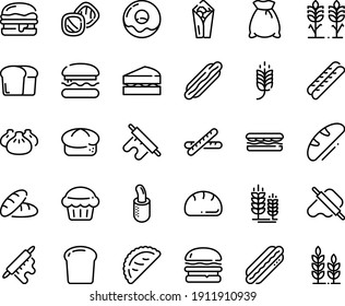Food line icon set - burger, spike, bread, hot dog, sandwich, burito, dim sum, dough and rolling pin, calsone, donut, baguette, french, piece, flour bag, spikes, sanwich, muffin, cookies, wheat