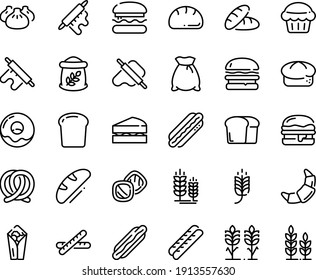 Food line icon set - burger, spike, bread, hot dog, burito, dim sum, dough and rolling pin, pretzel, donut, croissant, baguette, piece, flour bag, spikes, sanwich, muffin, cookies, wheat