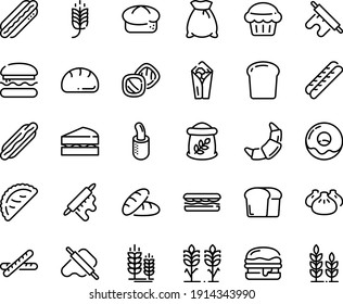 Food line icon set - burger, spike, bread, hot dog, sandwich, burito, dim sum, dough and rolling pin, calsone, donut, croissant, baguette, french, piece, flour bag, spikes, sanwich, muffin, cookies