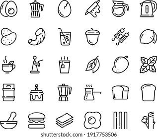 Food line icon set - burger, hot tea, green, kebab, coffee pot, acorn, rolling pin, kettle, broaken egg, omelette, eggs yolk, turkish, soda glass, bread piece, cake, beer keg, tap, potato, lemon