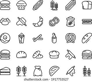 Food line icon set - burger, bread, hot dog, sandwich, burito, dim sum, dough and rolling pin, calsone, pretzel, spike, donut, croissant, french, baguette, flour bag, spikes, sanwich, muffin, wheat