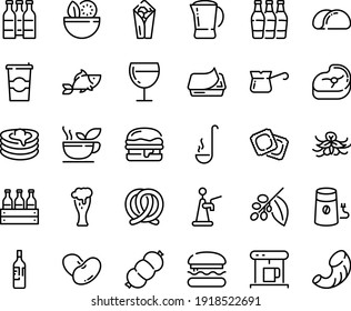 Food line icon set - burger, salad, burito, fish, ravioli, pretzel, pate can, beer glass, wine, pancakes, coffe maker, coffee mill, to go, turkish, tree, pot, sausage, meat, ladle, green tea, bottle