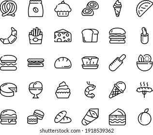 Food Line Icon Set - Burger, Salad, Cupcake, Bread, Sandwich, French Fries, Hot Dog, Ice Cream, Lunch Box, Shrimp, Temaki, Calsone, Cheese, Pretzel, Croissant, Bakery, Coffee Pack, Sausage On Fork