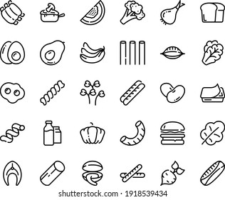 Food line icon set - burger, clam, pate can, baguette, julienne, milk bootle and pack, ribs, fish steak, omelette, eggs yolk, bread, beet, arugula, onion, broccoli, pumpkin, salad leaf, beans, melon