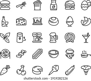 Food line icon set - burger, clam, cheese, basil, fork with pasta, wine, beer mug, hot dog, pretzel, plate, coffee mill, instant, machine, pan, egg stand, easter, cocktail, ice bucket, pancake