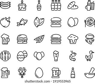 Food line icon set - burger, beer, bread, clam, shrimp, lobster, sausages, mug, champagne, cheese plate, goose, fish, fork spoon knife, egg, eggs, easter, drinks, cupcake, cake, glass, bottles, peas