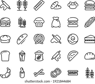 Food line icon set - burger, bread, hot dog, sandwich, burito, dim sum, dough and rolling pin, calsone, pretzel, spike, donut, croissant, baguette, french, piece, flour bag, spikes, sanwich, muffin