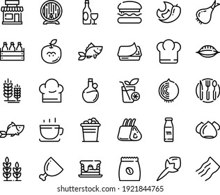 Food line icon set - burger, chief hat, cafe, fish, olive oil, coffee cup, wine, spike, beer box, barrel, pate can, meringue, pack, ham, ribs, chef, fork spoon knife plate, milk bottle, smoothies