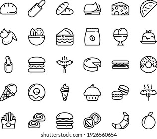 Food Line Icon Set - Burger, Salad, Cupcake, Bread, Sandwich, French Fries, Donut, Hot Dog, Ice Cream, Calsone, Cheese, Panna Cotta, Sausage On Fork, Pate Can, Croissant, Bakery, Coffee Pack, Plum