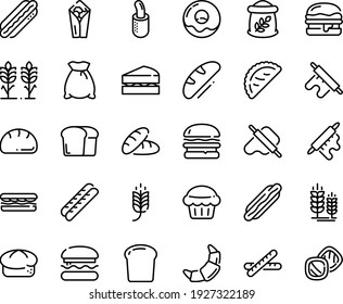 Juego de iconos de línea de alimentos - hamburguesa, espiga, pan, hot dog, sándwich, burito, pasta y alfiler, calsona, donut, croissant, baguette, francés, pieza, bolsa de harina, picos, sándwich, muffin, galletas