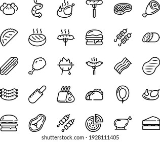 Food line icon set - burger, pizza, tacos, sausage on fork, fried chiken leg, french hot dog, dim sum, shrimp, kebab, calsone, salami, sausages, steak, ham, chicken, cutlet, ribs, sowbelly, bbq