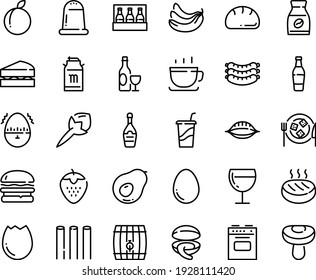 Food line icon set - burger, drink to go, clam, coffee cup, wine, sausages, milk tank, champagne, glass, cheese plate, instant, cutlet, stove, egg, broaken, timer, bread, sanwich, beer bottle, pack