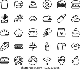 Food line icon set - burger, cupcake, bread, watermelon piece, sandwich, french fries, donut, hot dog, lunch box, dim sum, temaki, panna cotta, ice cream, sausage on fork, pretzel, pate can, cheese