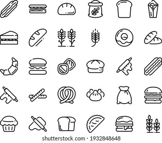 Food line icon set - burger, spike, bread, hot dog, sandwich, burito, dim sum, dough and rolling pin, calsone, pretzel, donut, croissant, piece, baguette, flour bag, spikes, sanwich, muffin, cookies