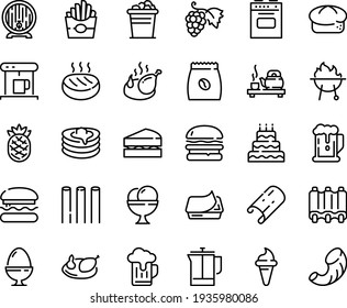 Food line icon set - burger, beer, french fries, ice cream horn, tea ceremony, grape, bread, barrel, pate can, fried chicken, pancakes, coffe maker, press, coffee pack, cutlet, bbq, ribs, stove