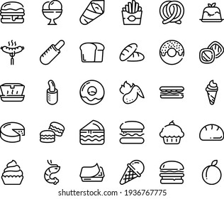 Food line icon set - burger, cupcake, bread, sandwich, french fries, donut, hot dog, ice cream, lunch box, shrimp, temaki, panna cotta, sausage on fork, pretzel, pate can, cheese, chicken wing, plum