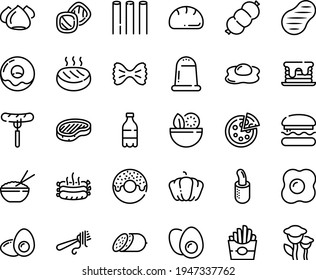 Food line icon set - burger, salad, milk bottle, french fries, sausage on fork, donut, rice bowl, with pasta, pizza, salami, steak, hot dog, meringue, roasted sausages, cutlet, eggs yolk, omelette