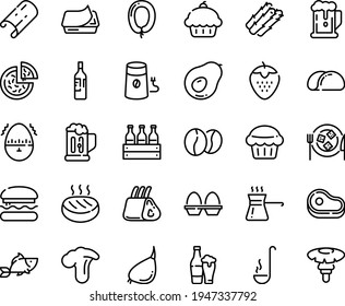 Food line icon set - burger, meat, cupcake, beer, pizza, fish, pate can, sausage, cheese plate, coffee mill, beans, cutlet, ribs, ladle, egg stand, timer, turkish, mug, wine bottle, muffin, box