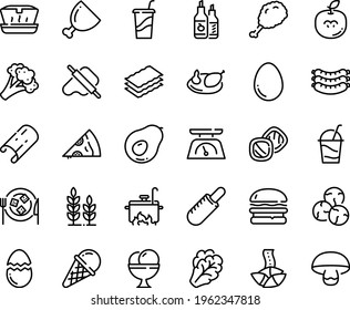 Food line icon set - burger, pizza piece, fried chiken leg, drink to go, french hot dog, lunch box, fortune cookie, dough and rolling pin, ice cream, sausages, ketchup, cocktail, cheese plate, ham