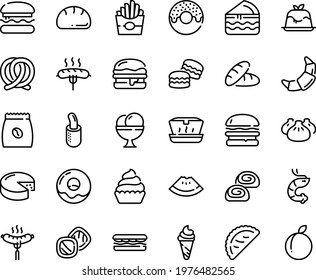 Food line icon set - burger, bread, watermelon piece, sandwich, french fries, donut, ice cream, lunch box, dim sum, shrimp, calsone, panna cotta, sausage on fork, pretzel, croissant, cheese, hot dog