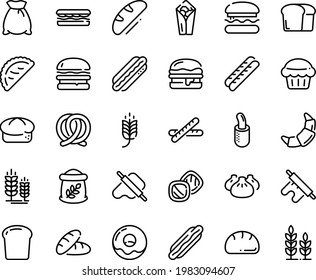 Food line icon set - burger, spike, bread, hot dog, sandwich, burito, dim sum, dough and rolling pin, calsone, pretzel, donut, croissant, baguette, french, piece, flour bag, muffin, cookies, wheat