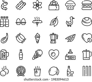 Food line icon set - burger, hot tea, ice cream, shrimp, gunkan, coffee pot, wine, beer barrel, goose, french press, love, ribs, sausage on fork, meatballs, kitchen, egg stand, mug, muffin, bottle