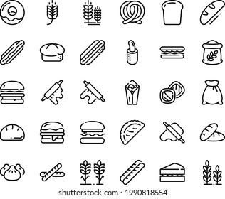 Food line icon set - burger, spike, bread, hot dog, sandwich, burito, dim sum, dough and rolling pin, calsone, pretzel, donut, baguette, french, piece, flour bag, spikes, sanwich, cookies, wheat