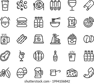 Food line icon set - burger, beer, french fries, pizza, hot tea, funchose, cheese, mug, champagne, wine glass, plate, coffee to go, turkish, tree, irish, beans, capsule, steak, ribs, easter egg, cup