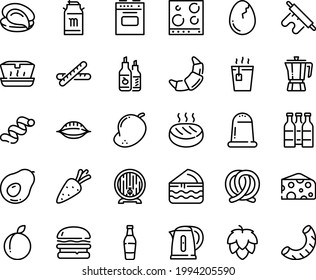 Food line icon set - burger, hot tea, lunch box, oyster, cheese, coffee pot, pretzel, ketchup, milk tank, beer barrel, croissant, cutlet, kettle, stove, top view, broaken egg, baguette, rolling pin