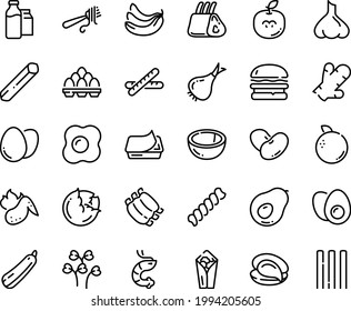 Food line icon set - burger, burito, oyster, shrimp, fork with pasta, pate can, milk bootle and pack, ribs, hot chicken wing, egg, eggs yolk, omelette, baguette, cabbage, onion, beans, squash, cress