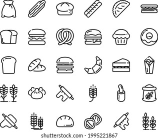 Food line icon set - burger, spike, bread, hot dog, sandwich, burito, dim sum, dough and rolling pin, calsone, pretzel, donut, croissant, baguette, french, piece, flour bag, spikes, sanwich, muffin