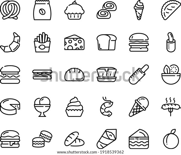 Food line icon set - burger, salad, cupcake, bread,\
sandwich, french fries, hot dog, ice cream, lunch box, shrimp,\
temaki, calsone, cheese, pretzel, croissant, bakery, coffee pack,\
sausage on fork