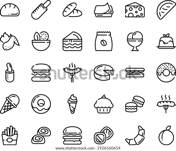 Food line icon set - burger, salad, cupcake, bread,\
sandwich, french fries, donut, hot dog, ice cream, calsone, cheese,\
panna cotta, sausage on fork, pate can, croissant, bakery, coffee\
pack, plum