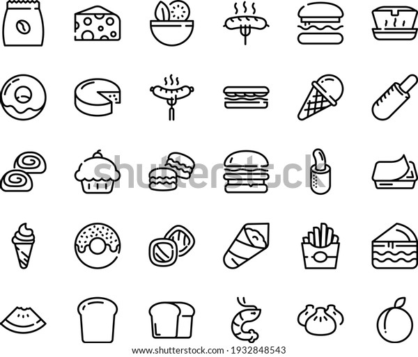 Food line icon set - burger, salad, cupcake,\
watermelon piece, sandwich, french fries, donut, hot dog, ice\
cream, lunch box, dim sum, shrimp, temaki, cheese, sausage on fork,\
pate can, bakery, bread