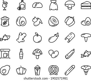 Food line icon set - burito, fish, lemoncello, pretzel, coffe maker, irish coffee, hot chicken wing, eggs yolk, egg, flour bag, sanwich, tacos bread, beer bottle, pumpkin, bell pepper, eggplant