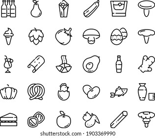 Food line icon set - burito, ice cream horn, fish, fortune cookie, rice vodka, pretzel, irish coffee, hot chicken wing, chick egg, easter, whiskey, sanwich, cookies, beer bottle, hop, pumpkin, beans