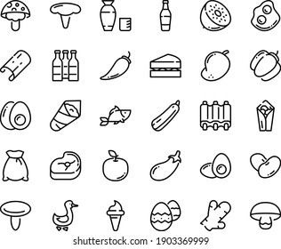 Juego de iconos de línea de alimentos - burito, cuerno de helado, pescado, vodka de arroz, temaki, tortilla, ganso, carne, costillas, yema de huevos, huevo de pascua, bolsa de harina, sándwich, botella de cerveza, pimienta, campana, berenjenas, judías, calabazas