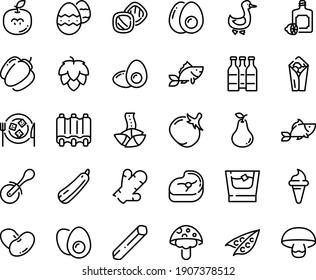Food line icon set - burito, ice cream horn, fish, fortune cookie, pizza roll knife, lemoncello, cheese plate, goose, meat, ribs, eggs yolk, easter egg, whiskey, cookies, beer bottle, hop, peas