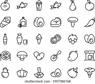 Food line icon set - burito, ice cream horn, fish, fortune cookie, rice vodka, temaki, pizza roll knife, lemoncello, cheese plate, coffe maker, meat, eggs yolk, chick egg, cookies, beer bottle, hop
