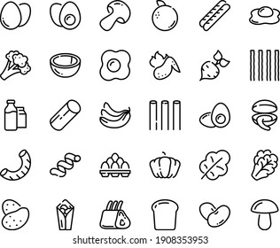 Symbol für die Lebensmittellinie - Burito, Clam, Baguette, Milchkocher und -packung, Rippen, scharfe Hühnerflügel, Ei, Eier, Eigelb, Omelette, Brot, Kartoffeln, Rüben, Arugula, Pilze, Broccoli, Kürbis, Salatblätter