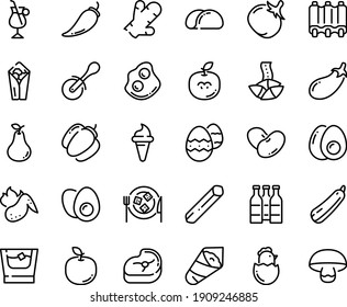 Food line icon set - burito, ice cream horn, fortune cookie, temaki, pizza roll knife, omelette, cheese plate, irish coffee, meat, ribs, hot chicken wing, eggs yolk, chick egg, easter, whiskey, bell