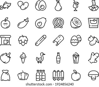 Food line icon set - burito, ice cream horn, fortune cookie, pretzel, goose, coffe maker, irish coffee, fish, ribs, hot chicken wing, eggs yolk, easter egg, whiskey, flour bag, beer bottle, hop