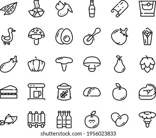 Food line icon set - burito, fish, fortune cookie, pizza roll knife, goose, coffe maker, meat, ribs, hot chicken wing, eggs yolk, whiskey, flour bag, sanwich, tacos bread, beer bottle, hop, peas