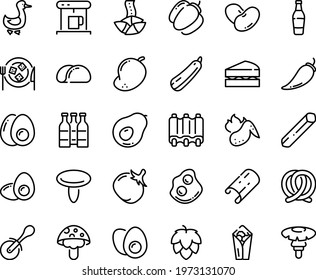 Food line icon set - burito, fortune cookie, pizza roll knife, pretzel, omelette, cheese plate, goose, coffe maker, ribs, hot chicken wing, eggs yolk, egg, sanwich, tacos bread, beer bottle, hop