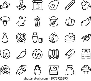 Food line icon set - burito, fortune cookie, rice vodka, temaki, pretzel, omelette, cheese plate, coffe maker, meat, fish, ribs, hot chicken wing, eggs yolk, chick egg, whiskey, flour bag, peas